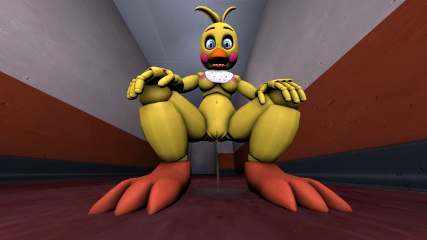 animatronic avian avian_humanoid beak bird blue_eyes breasts five_nights_at_freddy's five_nights_at_freddy's_2 naked nude orange_feet peeing pussy robot squat squatting toy_chica_(fnaf) urine yellow_body