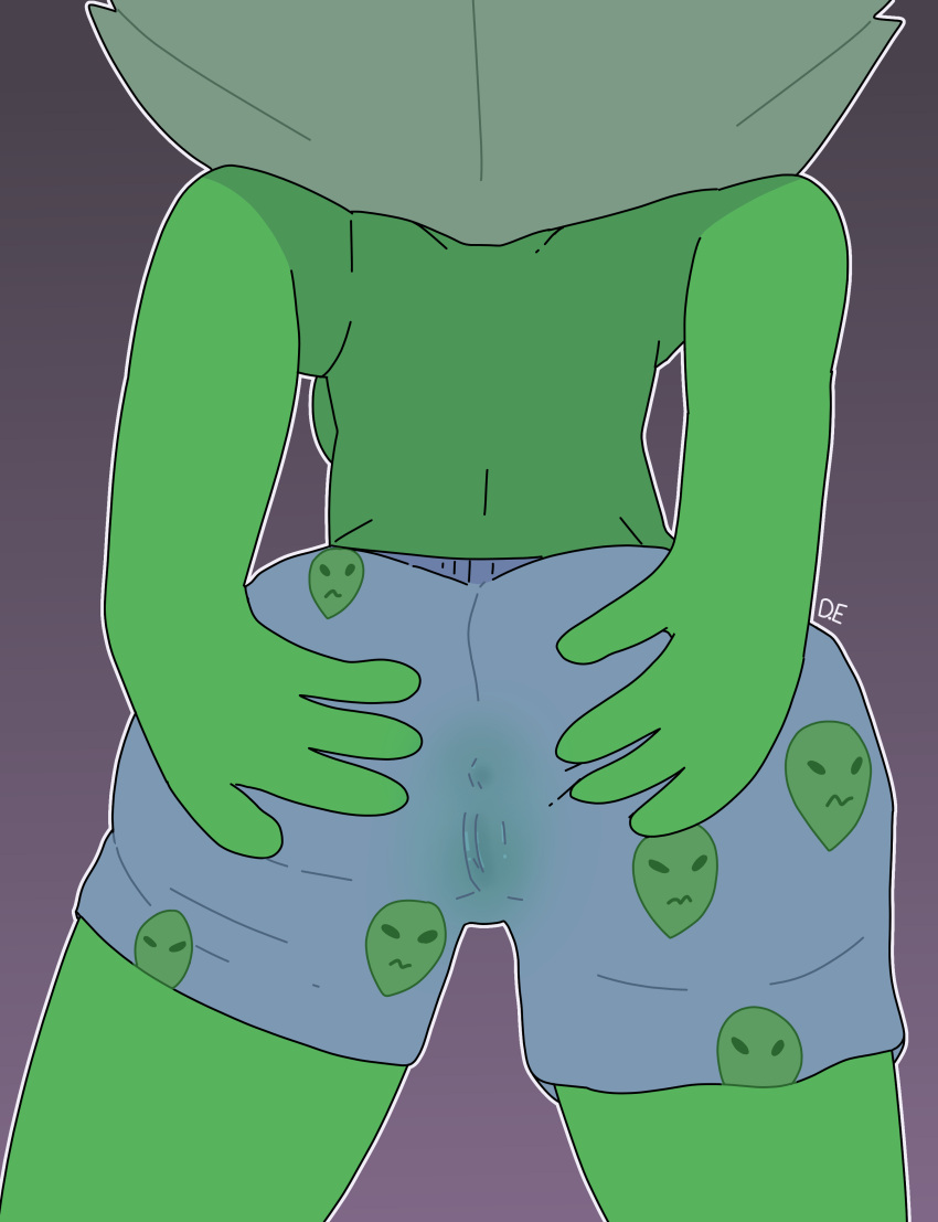 2020s 2022 boxer_shorts cartoon_network clothing crossdressing drawinecchi gem_(species) green_body green_skin male_underwear peridot_(steven_universe) shorts spread_ass steven_universe tomboy topless topless_female underwear watermark wet_clothes wet_pussy