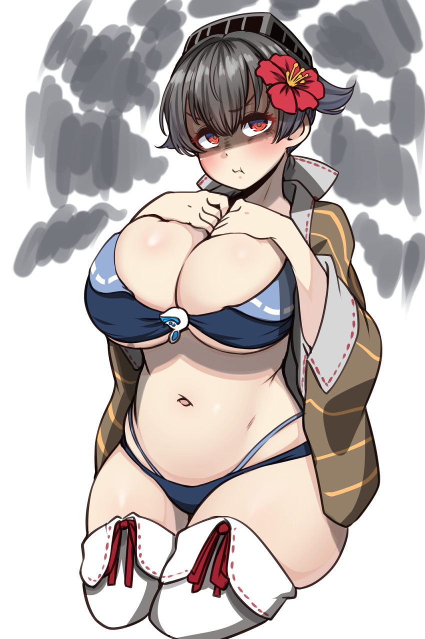 :t bikini black_hair breasts cleavage eyebrows_visible_through_hair female flower hair_flaps hair_flower hair_ornament happi hibiscus highres japanese_clothes jingei_(kantai_collection) kantai_collection konoshige_(ryuun) large_breasts long_hair looking_at_viewer milf navel red_eyes ryuun_(stiil) shaded_face simple_background solo swimsuit thighhighs white_background