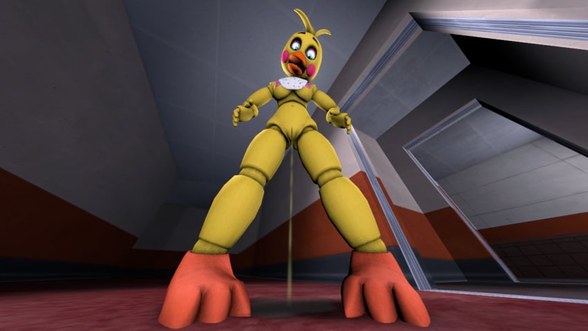 1girls animatronic avian avian_humanoid bird breasts chica_(fnaf) female five_nights_at_freddy's five_nights_at_freddy's_2 nude nude_female orange_feet peeing pussy robot solo toy_chica_(fnaf) urination urine urine watersports yellow_body