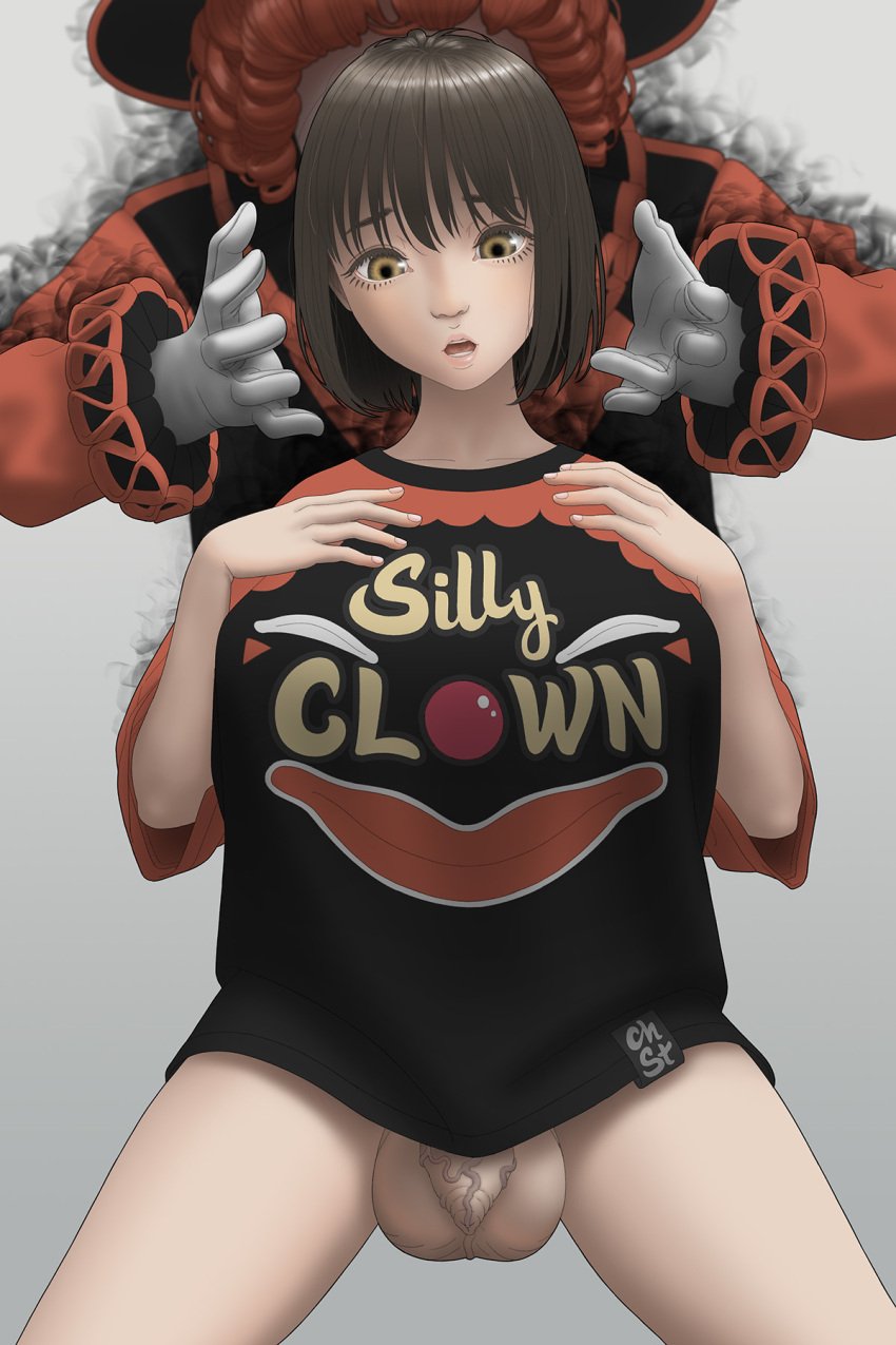 1boy 1futa brown_hair chst clown clown_shirt flaccid_cock futanari pale_skin smoke uncut