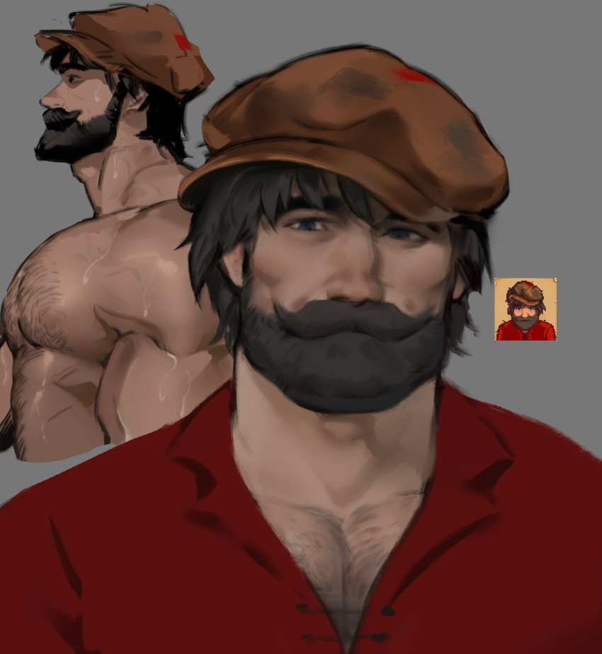 beard black_hair blue_eyes dilf dopq fisherman hairy male_only muscular muscular_male old_man sfw shirtless six_pack stardew_valley sweat sweaty_body willy willy_(stardew_valley) yy6242