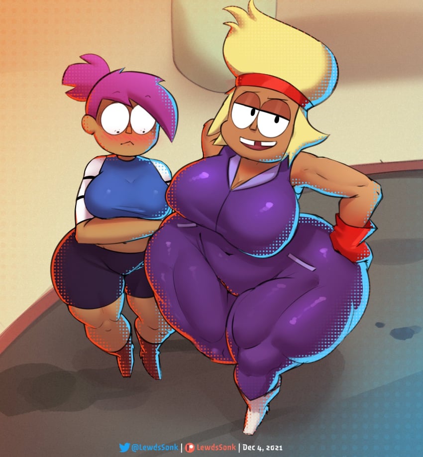 2022 2girls ass big_ass big_breasts blonde_hair blush breasts carol_(ok_k.o.!_let's_be_heroes) carol_kincaid cartoon_network enid hand_on_ass hips huge_ass huge_breasts huge_thighs large_ass large_breasts lewdssonk looking_down milf mother ok_k.o.!_let's_be_heroes purple_hair short_hair shorts thick_thighs thighs venus_body wide_hips