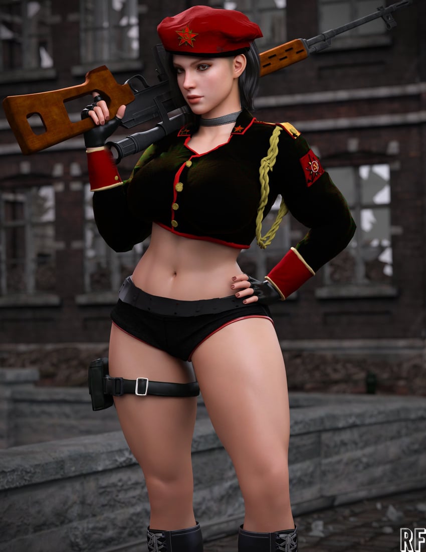 1girls 3d absurd_res black_hair choker female female_only hi_res midriff natasha_volkova red_alert_(video_games) red_alert_3 rude_frog solo thick thick_thighs thighs weapon