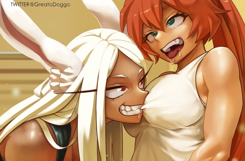 2girls animal_ears biting black_tank_top breast_sucking breast_sucking_through_clothes breasts commentary dark-skinned_female dark_skin female female_only greatodoggo green_eyes highres itsuka_kendou kendou_itsuka large_breasts long_hair miruko multiple_girls my_hero_academia nipple_biting open_mouth rabbit_ears red_eyes rumi_usagiyama saliva shounen_jump tank_top tongue tongue_out twitter_username upper_body usagiyama_rumi white_hair white_tank_top yuri