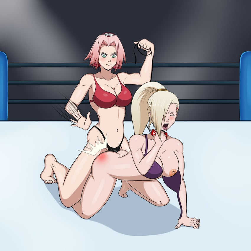 2girls aggressive all_fours asphyxiation ass bare_legs bare_shoulders barefoot bent_over blonde_hair blue_eyes bottomless catfight choker cuki dildo dildo_penetration doggy_style dominant dominant_female female female_only female_penetrated female_penetrating female_penetrating_female forehead_protector green_eyes hair_over_one_eye headband holding_object ino_yamanaka kunoichi leash lesbian_sex lezdom moaning motion_lines multiple_girls naruto naruto_(series) naruto_shippuden ninja nipples one_breast_out one_eye_closed open_mouth pink_hair ponytail rivals rough rough_sex sakura_haruno sex sex_toy strap-on strap_slip submissive submissive_female taken_from_behind tied_hair untied untied_bra wrestling wrestling_ring yuri