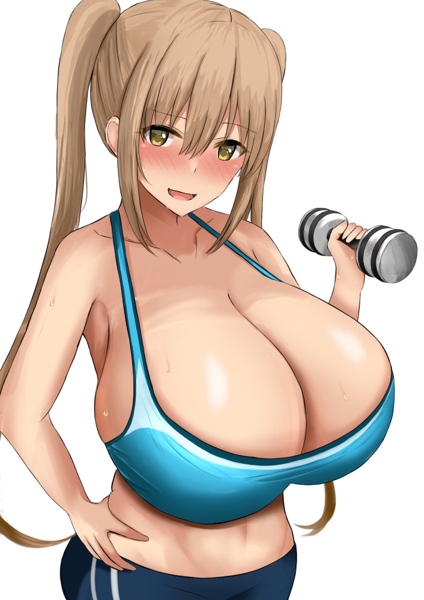 1girls 2022 blonde_hair blue_sports_bra blush breasts cleavage dumbbell female female_only go_gomada_re gomadare hand_on_hip hazel_eyes hips holding_object huge_breasts long_hair midriff original original_character simple_background sports_bra sportswear thick_thighs thighs twintails weight white_background wide_hips workout_clothes yoga_pants