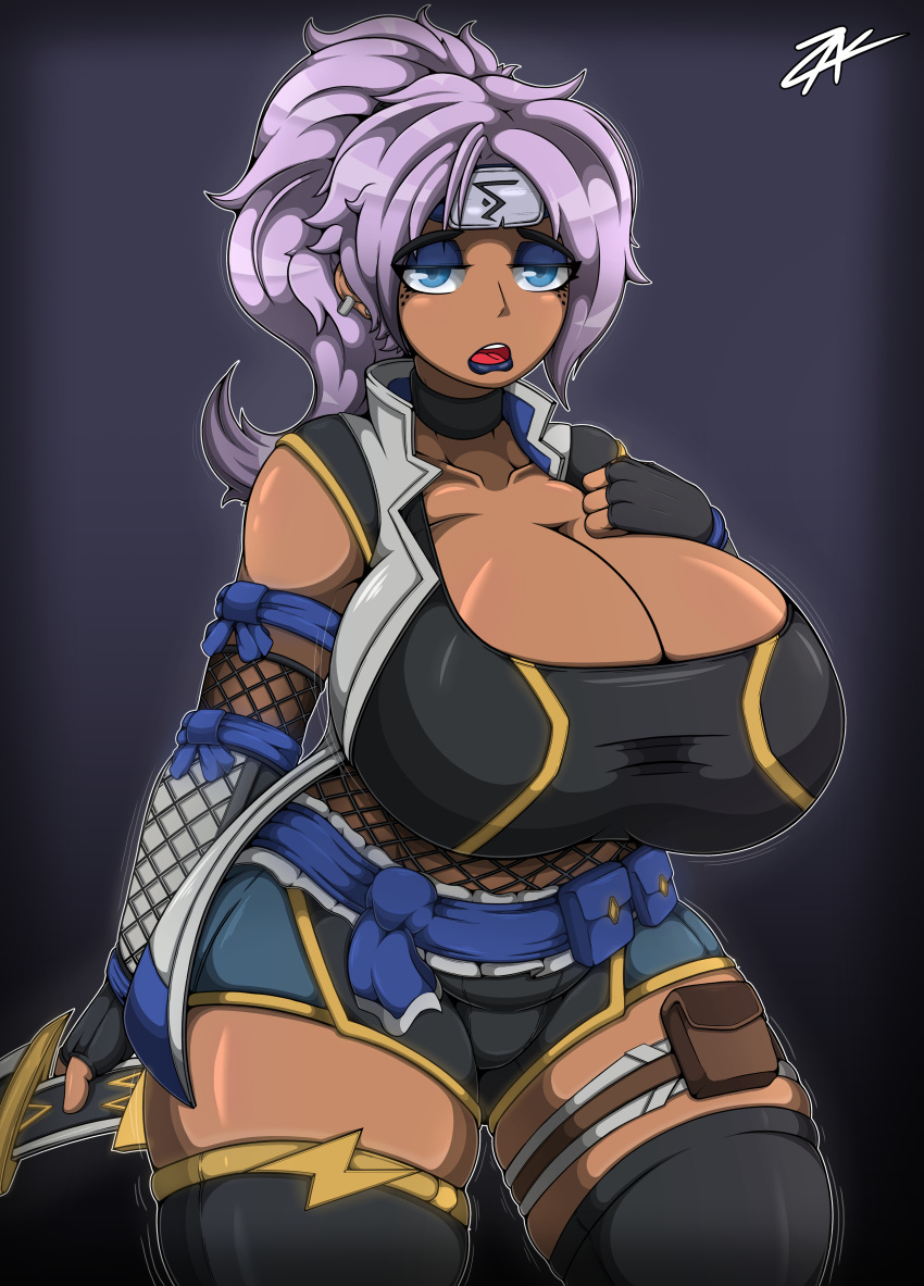 dark-skinned_female dark_skin front_view huge_breasts league_of_legends pink_hair qiyana_yunalai shockblade_qiyana shockblade_series tagme zak_hitsuji