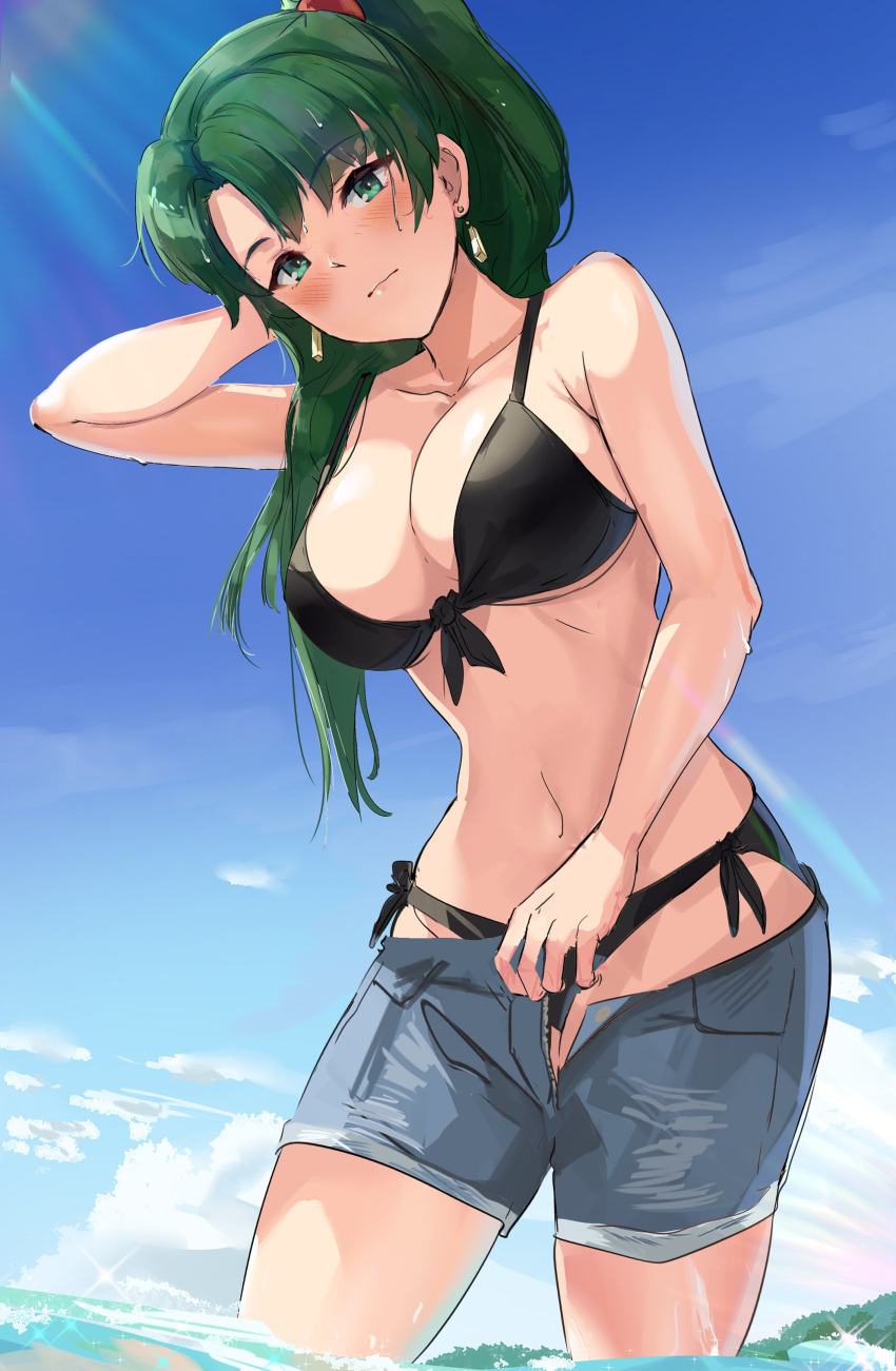 1girls absurdres alternate_costume bangs bare_shoulders bikini bikini_under_clothes black_bikini blue_sky blush breasts cleavage closed_mouth cloud cloudy_sky commentary day earrings female female_only fire_emblem fire_emblem:_the_blazing_blade green_hair hand_up highres jewelry large_breasts lips long_hair looking_at_viewer lyn_(fire_emblem) lyndis_(fire_emblem) navel nintendo no_shirt ormille outdoors shorts side-tie_bikini side-tie_bikini_bottom sky solo stomach sunlight swimsuit undressing wading water