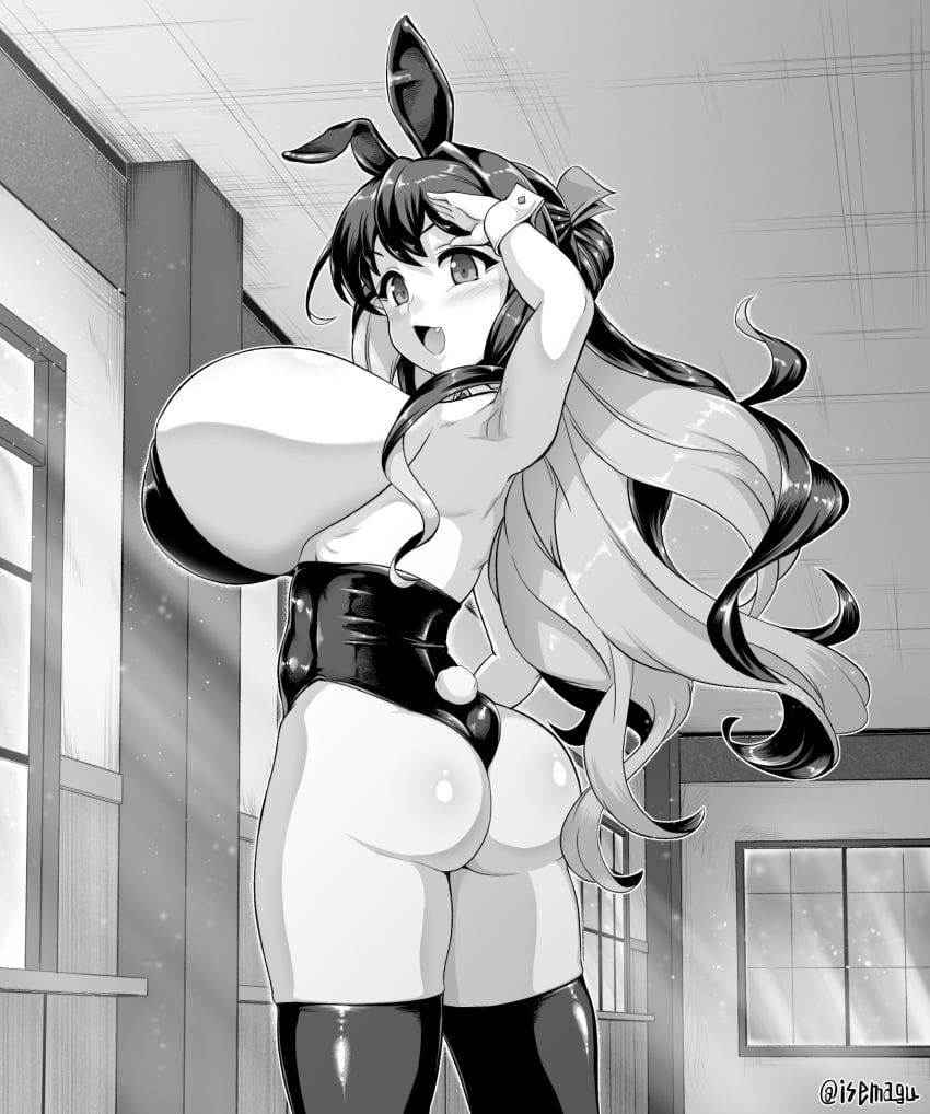 animal_ears armpits artist_name ass breasts bunny_ears bunnysuit curvy detached_collar fake_animal_ears female gigantic_breasts hairband highres indoors isemagu kantai_collection leotard long_hair monochrome multicolored_hair naganami_(kantai_collection) oerba_yun_fang playboy_bunny plump rabbit_ears solo standing thighhighs thighs window