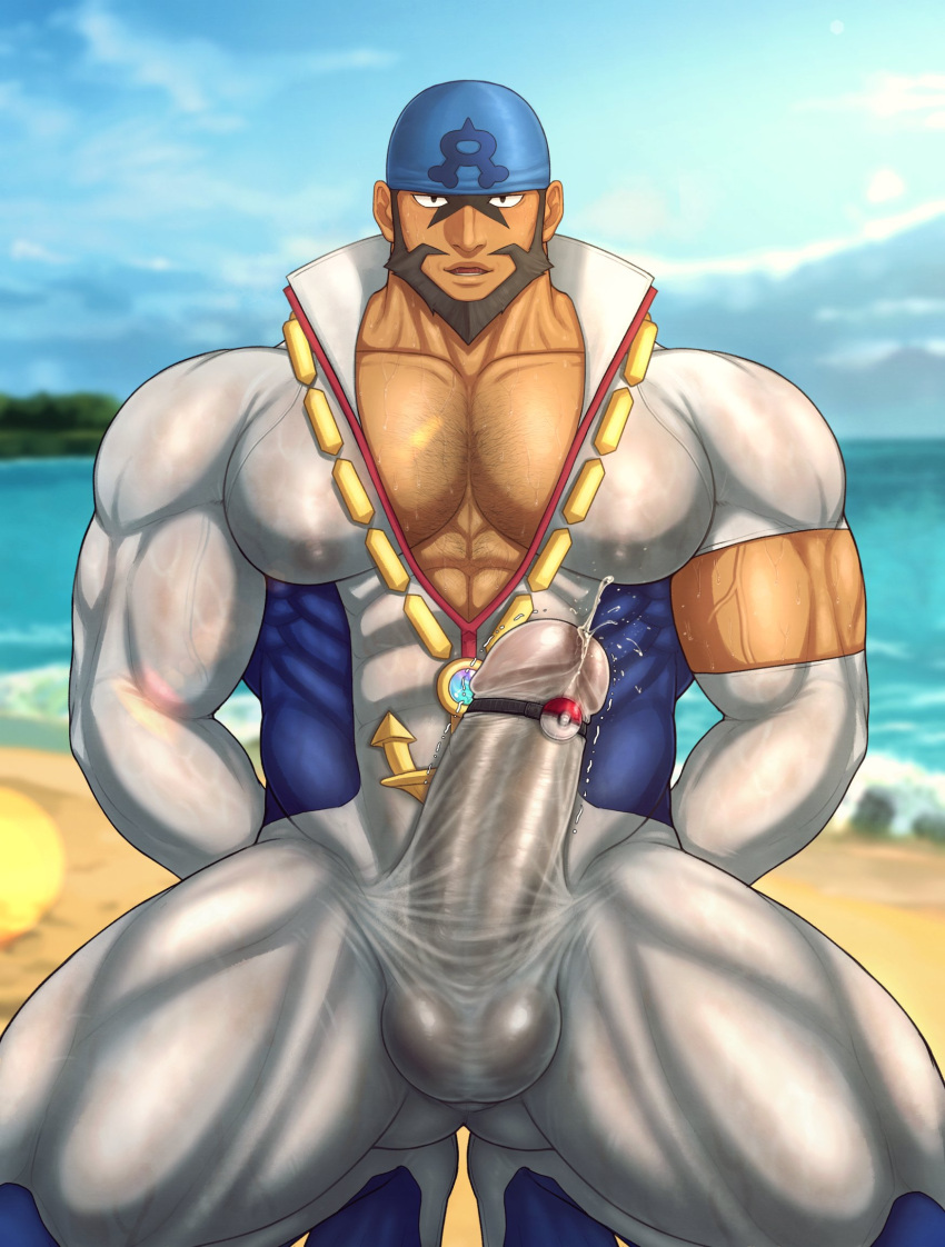 alternate_costume archie_(pokemon) balls bara boner erection gay male male_only muscles muscular penis pokemon pokemon_masters_ex precum solo solo_male team_aqua toto_(artist) vibrator vibrator_on_penis wet_clothes