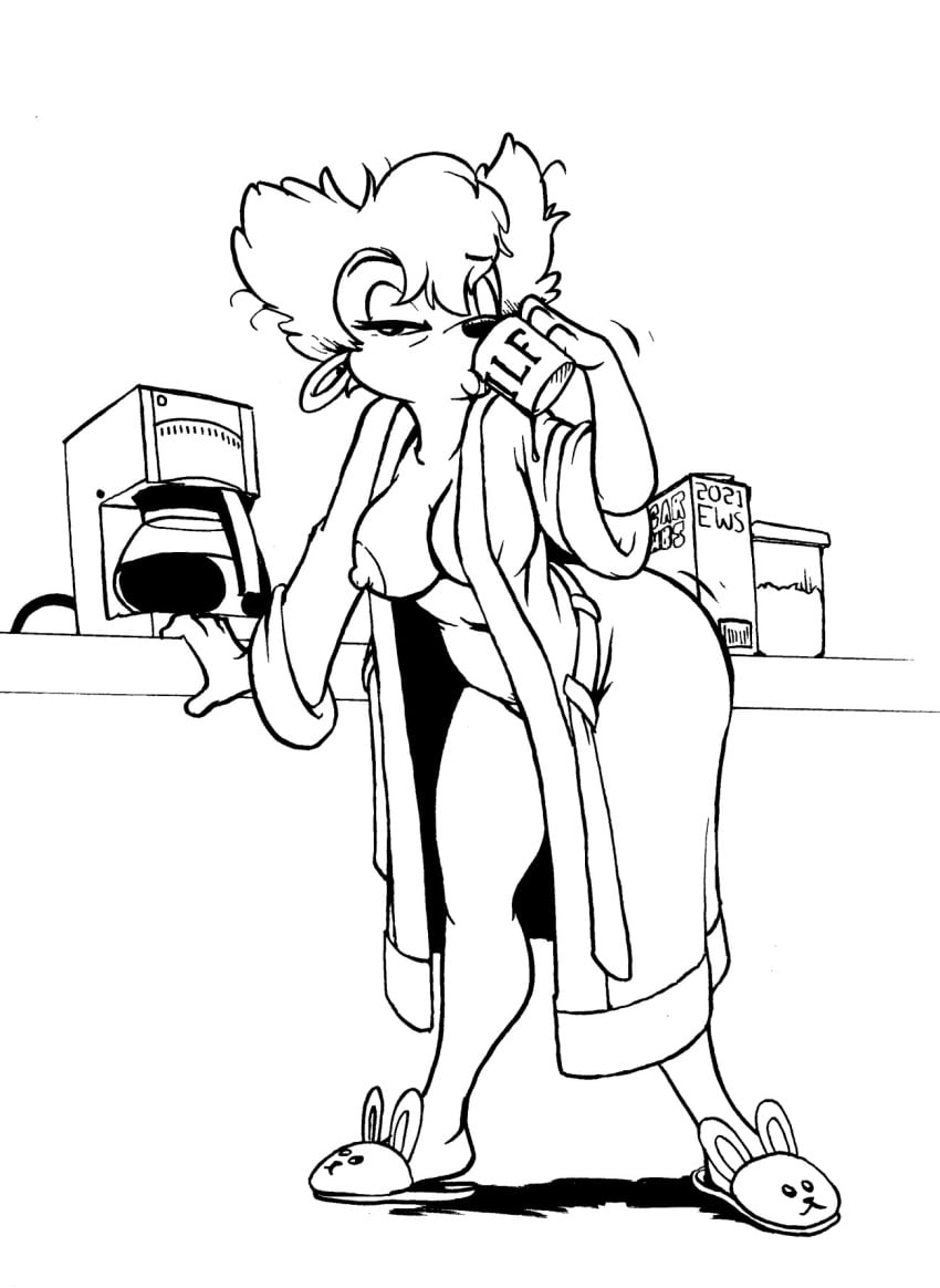 2021 anthro anthro_only bathrobe beverage black_and_white breasts bunny_slippers canid canine canis clothed clothing coffee coffee_mug disney domestic_dog drinking ear_piercing ear_ring eric_schwartz female fur goof_troop hair hi_res looking_at_viewer mammal mature_anthro mature_female messy_hair milf monochrome navel nipples one_breast_out open_clothing open_robe peg_pete piercing robe slippers solo standing traditional_media_(artwork)