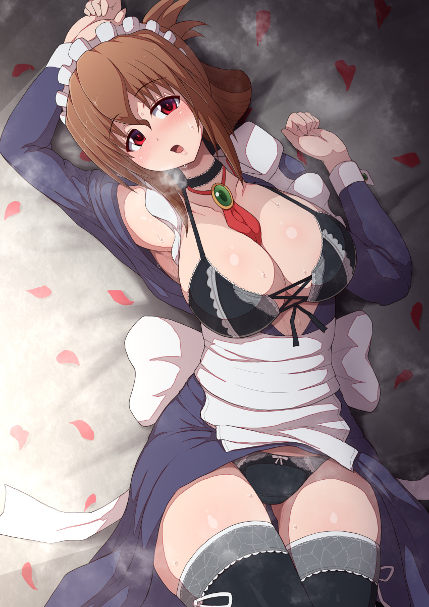 1girls 2022 breasts brown_hair cleavage female female_only flower_petals hayate_no_gotoku! hi_res hips huge_breasts long_hair lying_on_back maid maid_bikini maid_headdress maid_uniform maria_(hayate_no_gotoku!) panties ponpo ponytail red_eyes slim_waist steam steaming_body thick_thighs thighhighs thighs wide_hips