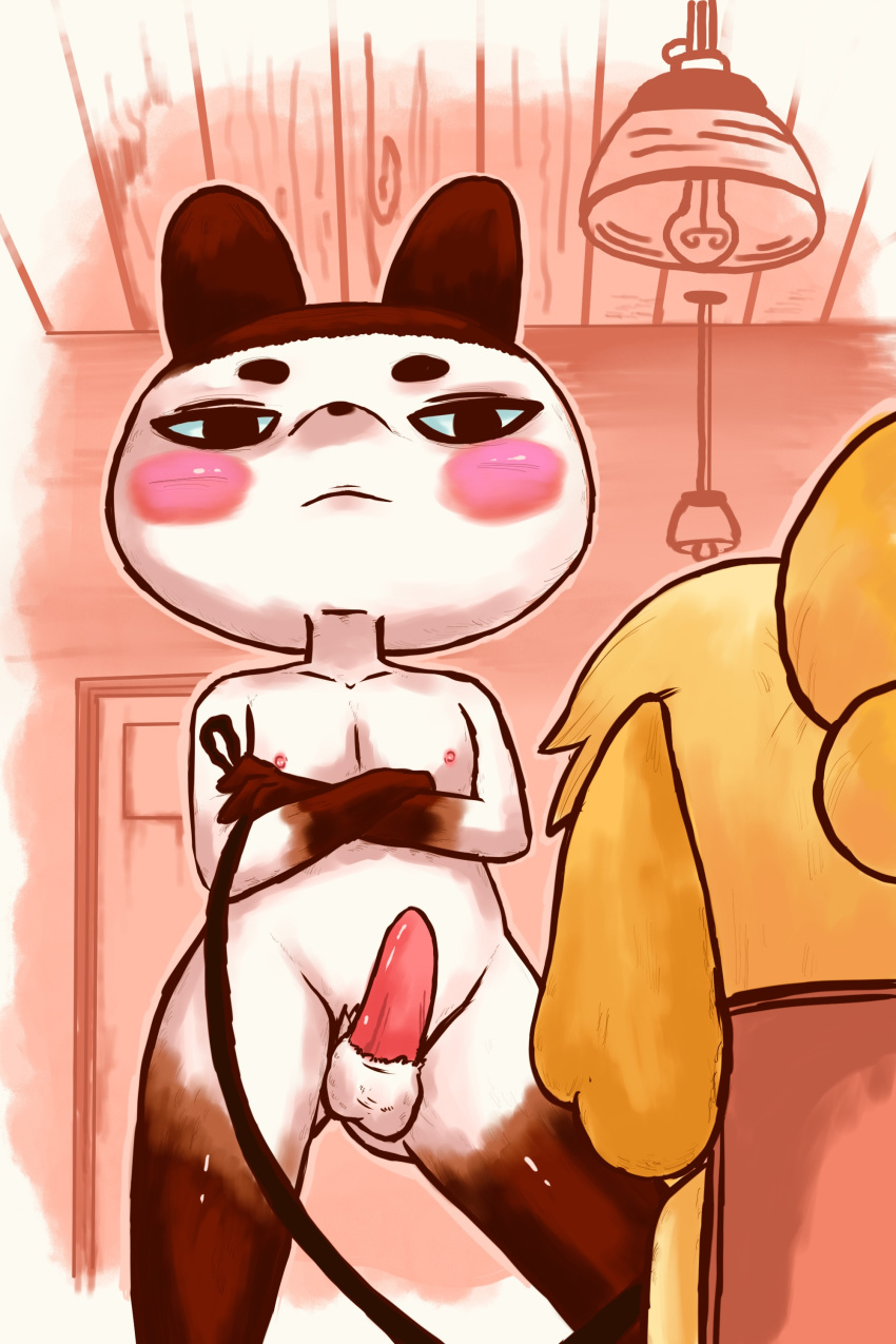 2022 animal_crossing animal_genitalia animal_humanoid animal_penis anthro balls bunny_ear bunny_ears dominant_male furry furry_only genji_(animal_crossing) isabelle_(animal_crossing) male male_focus nintendo nipples penis pink_nipples pink_penis pleasurecheri self_upload standing