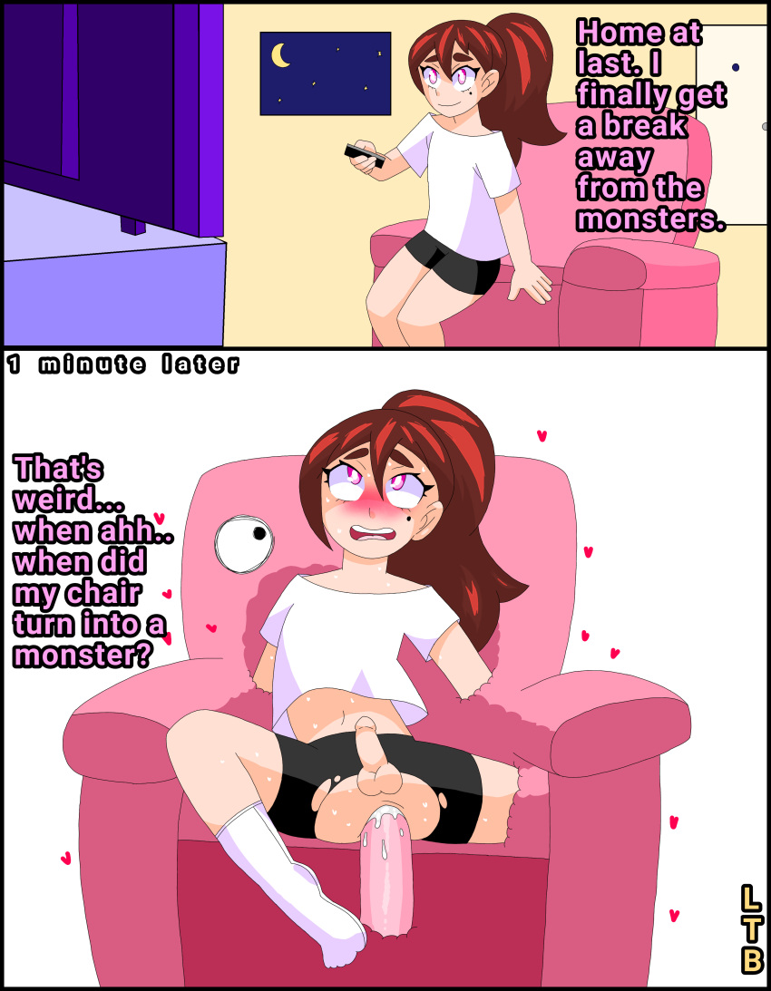 1boy 1monster absorption anal bike_shorts brown_hair chair comic femboy gay human interspecies lewderthanblue mimic mole_under_eye monster oc original pink_eyes ponytail ran(ltb) thick_eyebrows torn_bike_shorts white_socks