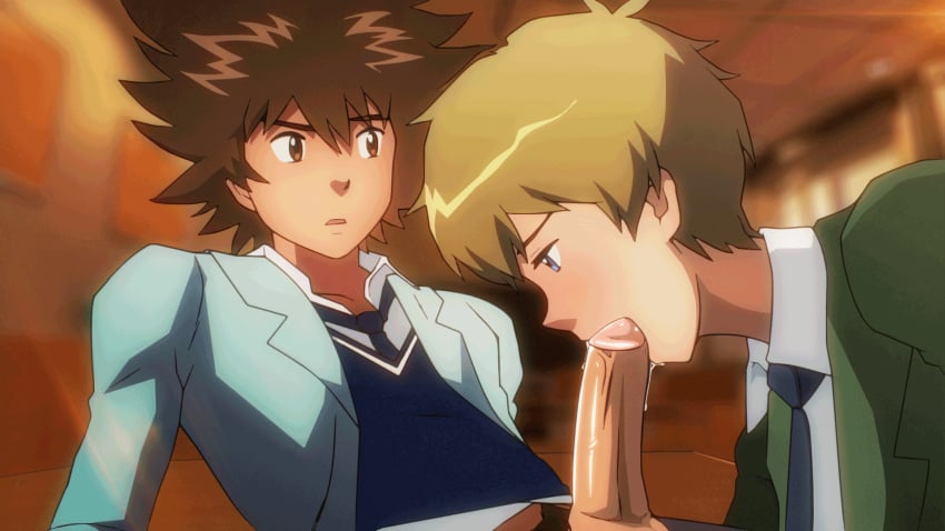 2boys animated blonde_hair blowjob brown_eyes digimon digimon_adventure_tri. fellatio gay human human_only male male/male male_on_male male_only maoh_king taichi_yagami takeru_takaishi yaoi