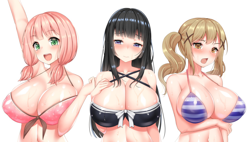 3girls areola_slip areolae arm_under_breasts arm_up bang_dream! bare_shoulders bikini black_hair blush breasts brown_eyes brown_hair cleavage closed_mouth collarbone eyebrows_visible_through_hair female female_only green_eyes hair_ornament hand_on_own_chest highres huge_breasts ichigaya_arisa long_hair looking_at_viewer looking_away low_twintails medium_hair multiple_girls navel numaccha open_mouth pink_hair puffy_nipples purple_eyes shirokane_rinko simple_background smile standing striped striped_bikini swimsuit teeth tied_hair twintails uehara_himari upper_body upper_teeth wet x_hair_ornament