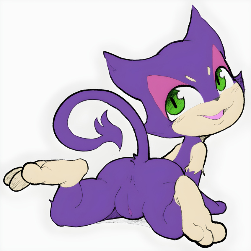 1:1 anthro anus felid feline felis female fur furry furry_only game_(disambiguation) genitals grin hi_res itsunknownanon looking_back mammal nintendo nude pokémon_(species) pokemon purrloin pussy rear_view smile solo tail video_games