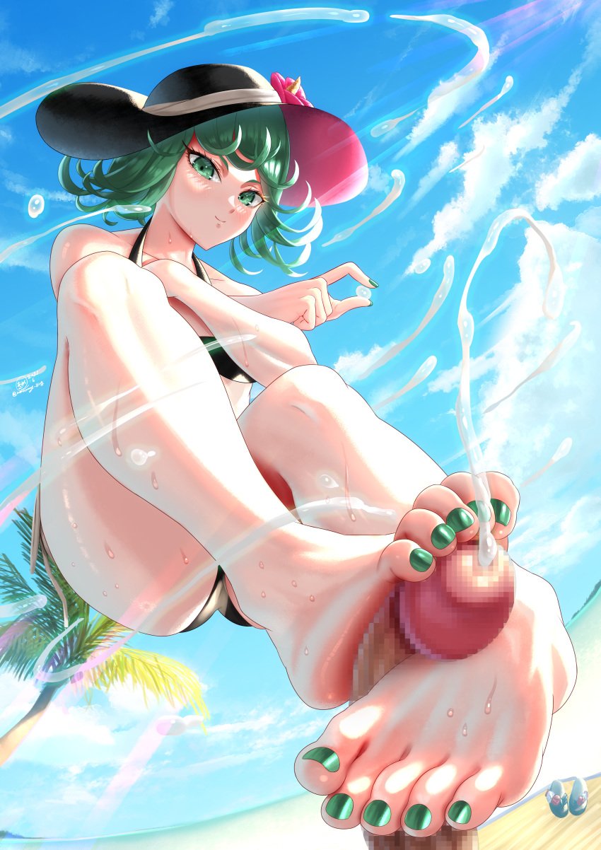 1boy 1girls absurd_res amaaay_zing ass beach big_penis bikini censored cum cumshot ejaculation eye_contact feet floating foot_fetish footjob green_eyes green_hair green_nails hat high_resolution looking_at_viewer masturbation mosaic_censoring one-punch_man penis public_masturbation short_hair smaller_female swimsuit tatsumaki telekinesis thick_thighs thighs toenail_polish veiny_penis