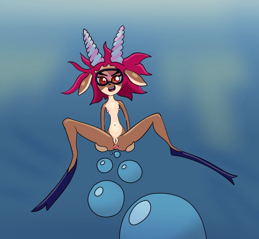 anthro anus breasts bubble capreoline cervid cervine diving diving_mask fart fart_fetish farting_underwater female feral flat_chest genitals happy hi_res horn mammal mask miyuka nipples pink_nipples pussy red_deer small_breasts solo ulya underwater water