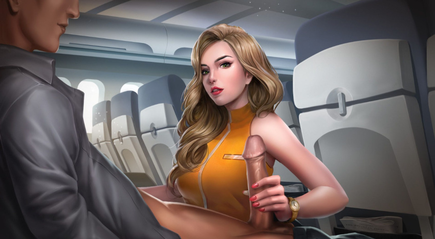 airplane amber_williams_(sexy_airlines) blonde_hair cum faceless_male green_eyes handjob long_hair nutaku pale-skinned_female petite precum red_lipstick sexy_airlines stewardess tagme