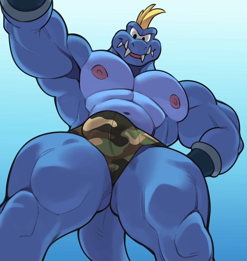 analon_(artist) anthro armor biceps big_biceps big_bulge big_muscles big_pecs blue_background blue_body bottomwear bracers bulge camo camo_bottomwear camo_clothing camo_print clothing donkey_kong_(series) hair hand_on_hip hi_res kremling krusha looking_at_viewer low-angle_view male male_only mohawk muscular muscular_anthro muscular_male navel nintendo nipples open_mouth pattern_bottomwear pattern_clothing pecs raised_arm scalie sharp_teeth simple_background smile snaggle_tooth solo tail teeth toomanyboners underwear