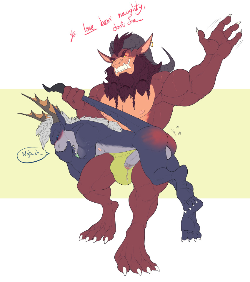 2022 2_horns 4_fingers 4_toes absurd_res animal_legs anthro anthro_on_anthro ass balls barefoot belly big_bulge big_horn big_muscles black_sclera black_tail blue_eyes blue_text blush bodily_fluids bottomwear braided_beard bristol bulge claws clothed clothed/nude clothed_anthro clothed_male clothed_male_nude_male clothing colored covering covering_mouth curved_horn dark_horn dialogue digital_drawing_(artwork) digital_media_(artwork) digitigrade draken dripping duo ear_piercing ear_ring english_text erection eyebrows fangs feet fingers flat_colors foreskin front_view full-length_portrait fur genital_fluids genitals glans gold_(metal) gold_jewelry gold_ring green_speedo grey_arms grey_back grey_balls grey_belly grey_body grey_butt grey_chest grey_ears grey_face grey_feet grey_fingers grey_hands grey_horn grey_inner_ear grey_legs grey_neck grey_penis grey_scales grey_tail grey_toes head_horn hi_res horn huge_muscles huge_pecs humanoid_genitalia humanoid_hands humanoid_penis jewelry larger_anthro larger_male male male/male male_anthro manly membrane_(anatomy) moan multicolored_body multicolored_penis multicolored_scales muscle_size_difference muscular muscular_anthro muscular_male nipples nude nude_anthro nude_male open_mouth open_smile partially_retracted_foreskin penis piercing pink_glans pink_nipples pink_penis portrait precum precum_drip pseudo_hair red_arms red_beard red_body red_ears red_eyebrows red_face red_fingers red_fur red_hands red_legs red_scales red_sclera red_text red_toes scales scalie simple_background sitting size_difference skimpy smaller_anthro smaller_male smile spanking speech_bubble speedo_only star_symbol tail_grab tail_pull tan_belly tan_body tan_chest tan_face tan_inner_ear tan_membrane tan_scales text tight_bottomwear tight_clothing toes topless topless_anthro topless_male transparent_speech_bubble two_tone_body two_tone_face two_tone_penis two_tone_scales two_tone_tail white_background white_body white_claws white_fur white_pseudo_hair wildstar yellow_background yellow_eyes