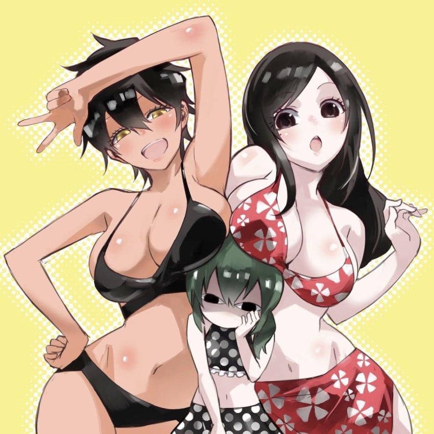 3girls :o amber_eyes armpits beauty_mark big_breasts bikini black_bikini black_hair blush breast_envy cleavage dark-skinned_female dark_skin duo_focus female female_only green_hair highres human igarashi_futaba_(shiromanta) kurobe_natsumi_(shiromanta) light-skinned_female light_skin mostly_nude multiple_girls pastel_colors sakurai_touko senpai_ga_uzai_kouhai_no_hanashi short_hair simple_background size_difference smaller_female smile smiling standing sukeno_yoshiaki swimsuit tomboy very_short_hair yellow_eyes