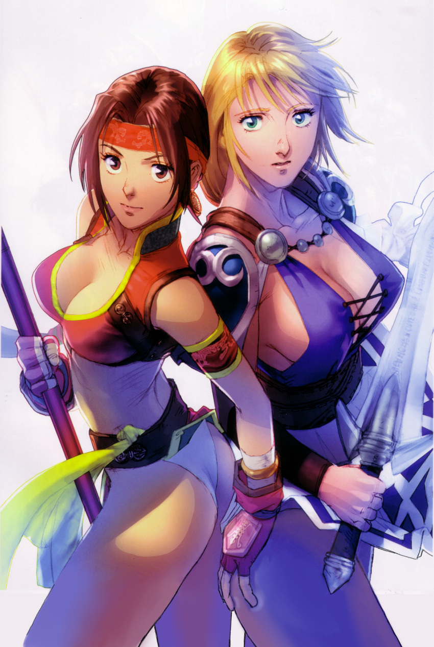 2girls [in]vader armband ass ass_grab bare_midriff blonde_hair blue_eyes breasts brown_eyes brown_hair cleavage earrings edit erect_nipples erect_nipples_under_clothes female female_focus female_only fingerless_gloves gloves halberd headband kawano_takuji large_breasts long_hair looking_at_viewer midriff milf multiple_girls namco nipple_bulge official_art panties parted_bangs pauldrons polearm seong_mi-na sideboob skirt skirt_lift sophitia_alexandra soul_calibur soul_calibur_ii sword underwear weapon yuri