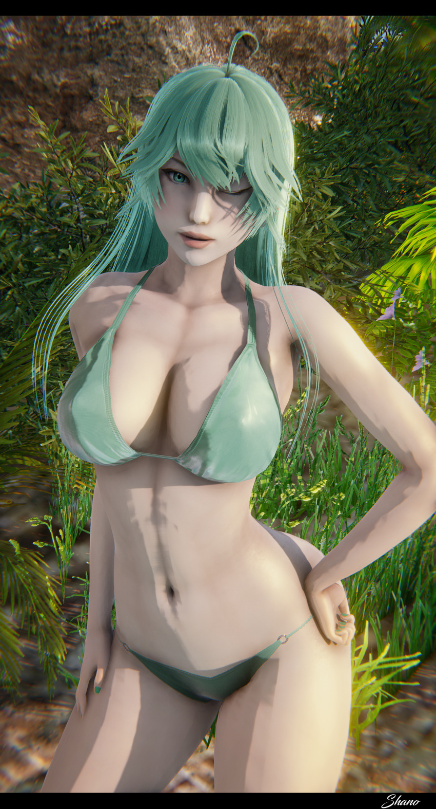 1girls ahoge alternate_version_available big_breasts bikini cleavage female female_only green_bikini green_eyes green_hair green_swimsuit honey_select_2 lipstick long_hair mascot navel pose posing rule_34-tan rule_34_(booru) shanodeshano site-tan smile solo standing studio_neo wink