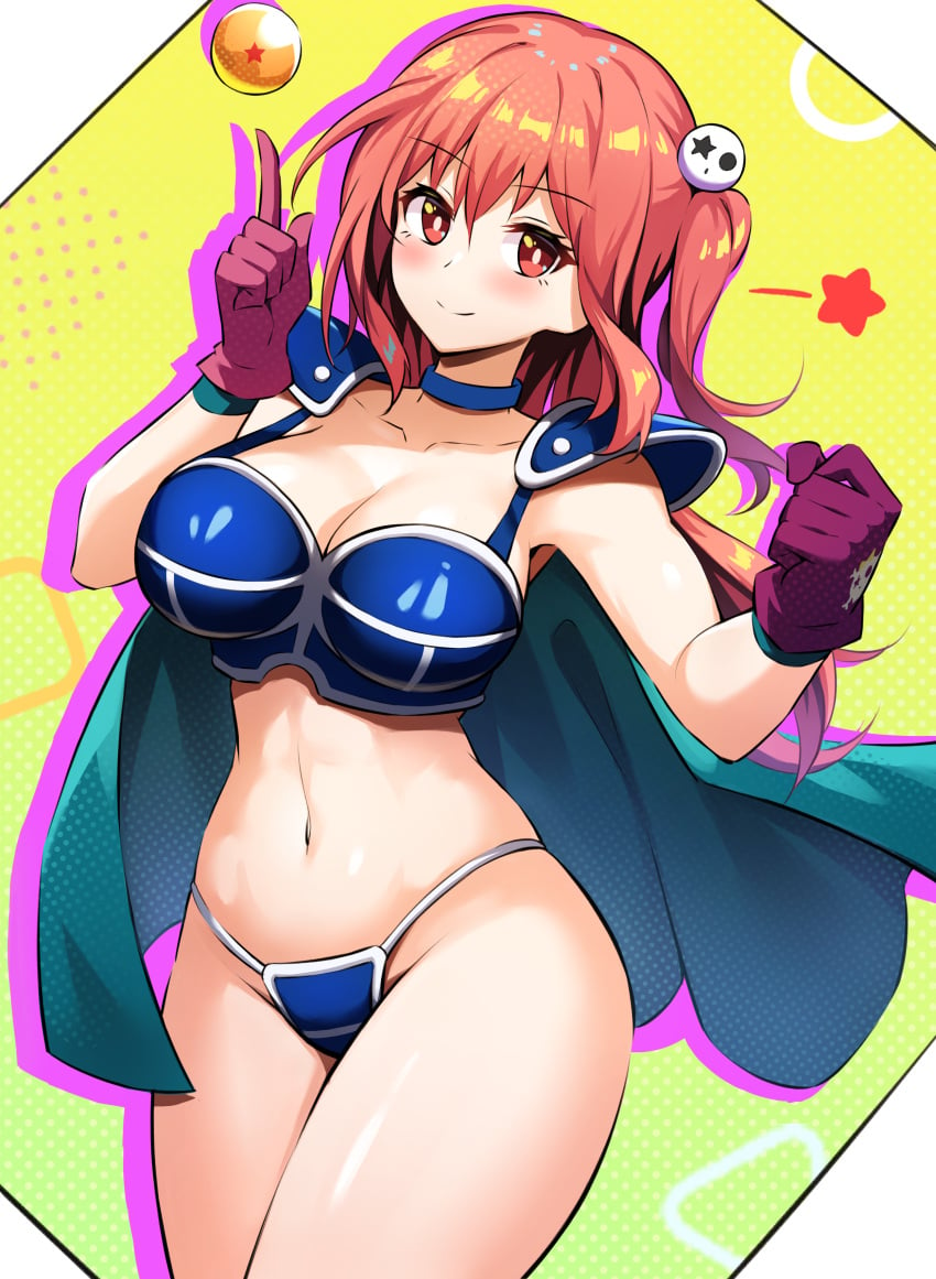 big_breasts bikini bikini_armor breasts cape chichi's_armor chichi_(cosplay) collar dead_or_alive dragon_ball dragon_ball_(object) gloves honoka_(doa) pangjelly red_eyes red_hair revealing_clothes thick_thighs wide_hips