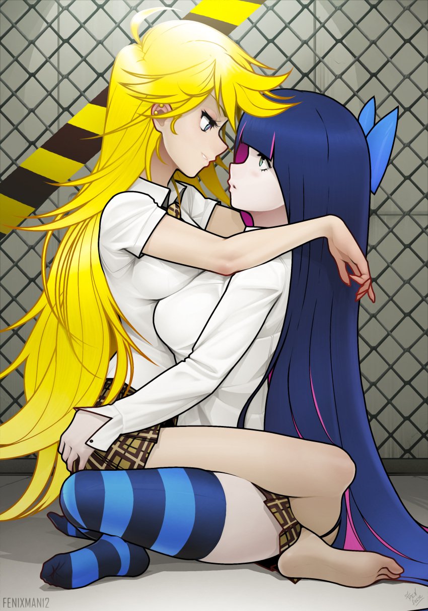 2girls big_breasts blue_hair breasts breasts_to_breasts feet female fenixman12 fully_clothed hair_ribbon holding_ass imminent_kiss imminent_sex incest long_hair on_top panty_&_stocking_with_garterbelt panty_anarchy reference school_uniform sfw_version sisters smile stocking_anarchy stockings straddling tagme thick_thighs touching_hair yellow_hair yuri