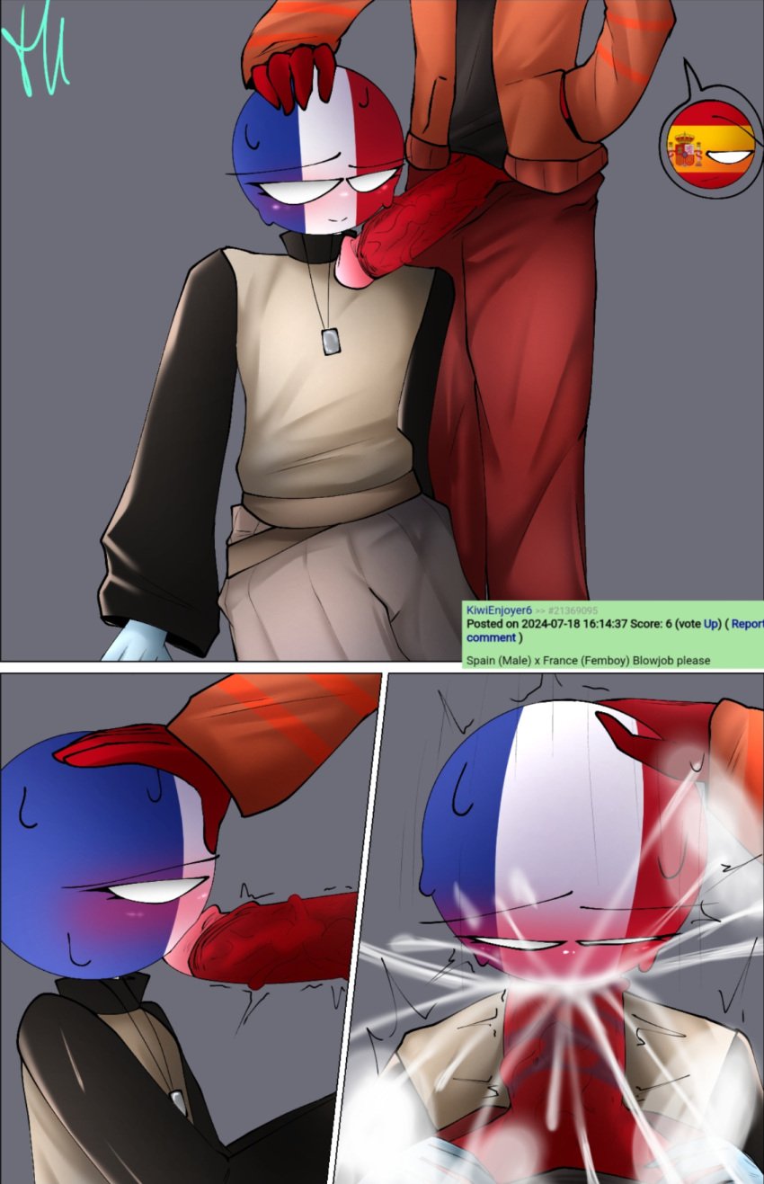 2boys 44waa29304 blowjob blush clothed countryhumans cum_in_mouth cumming_in_mouth dog_tag eye_patch eyelashes femboy france_(countryhumans) gay_blowjob grabbing_head hand_in_pouch oral oral_sex penis_in_mouth pov_blowjob spain_(countryhumans) tagme turtleneck_sweater veiny_penis white_eyes