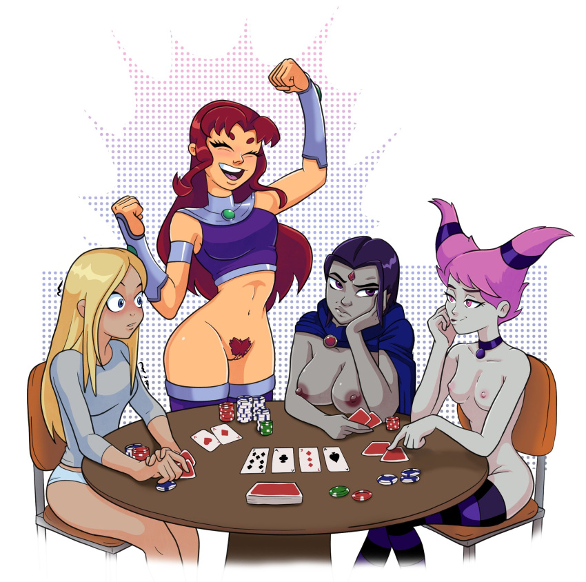 4girls areolae blonde_hair bottomless breasts cape cards dc dc_comics female female_only grey_skin hopethishelps jinx_(dc) multiple_girls nipples panties pink_hair poker pubic_hair purple_hair pussy raven_(dc) red_hair starfire strip_poker terra_(dc) thighhighs