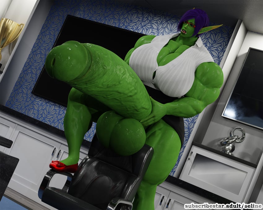 3d blue_eyes dickgirl futa_only futanari glasses green_skin huge_balls huge_breasts huge_cock hyper hyper_balls hyper_penis muscles muscular muscular_futanari office office_lady orc orc_(warcraft) orc_futanari purple_hair secretary seline selinemukgrom shemale solo solo_futa warcraft