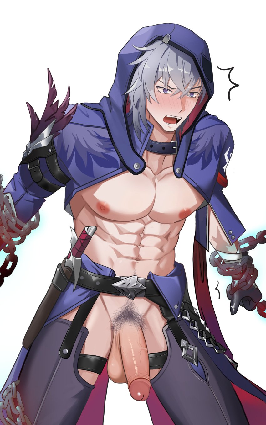 1boy abs big_penis blushing chained embarrassed honkai:_star_rail male_only moze_(honkai:_star_rail) muscles muscular_male pecs pink_nipples pubes pubic_hair solo_focus takbam thigh_strap veiny_penis