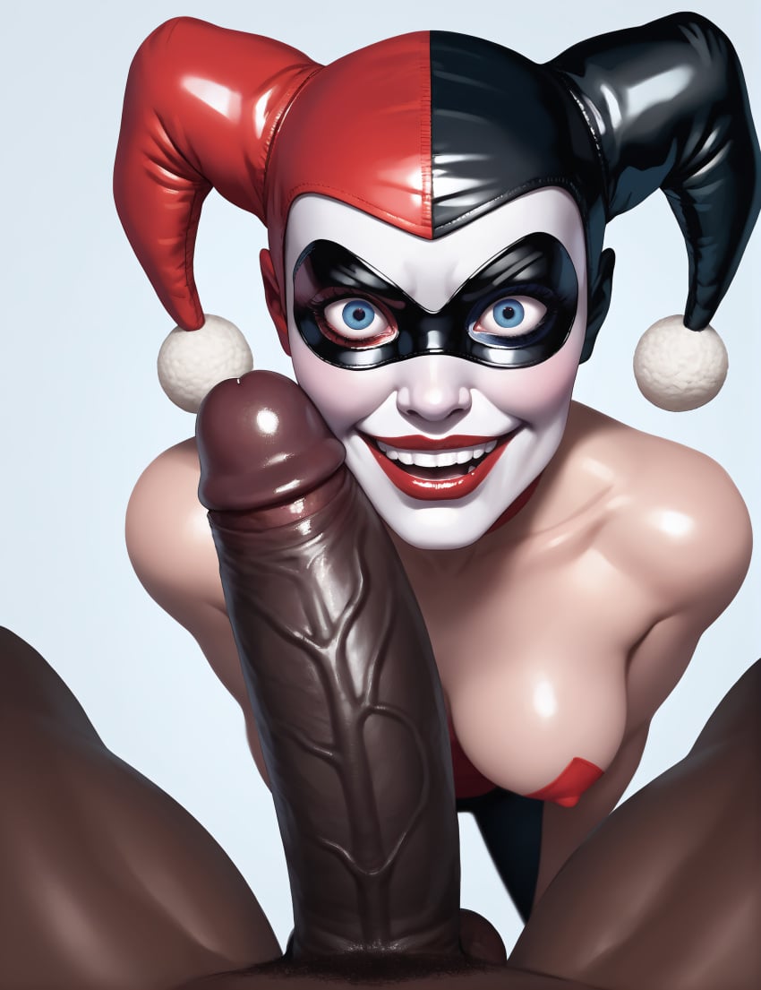 1boy 1girls ai_generated cock_worship dark-skinned_male dc_comics harley_quinn huge_cock interracial rorioriai stable_diffusion straight tagme