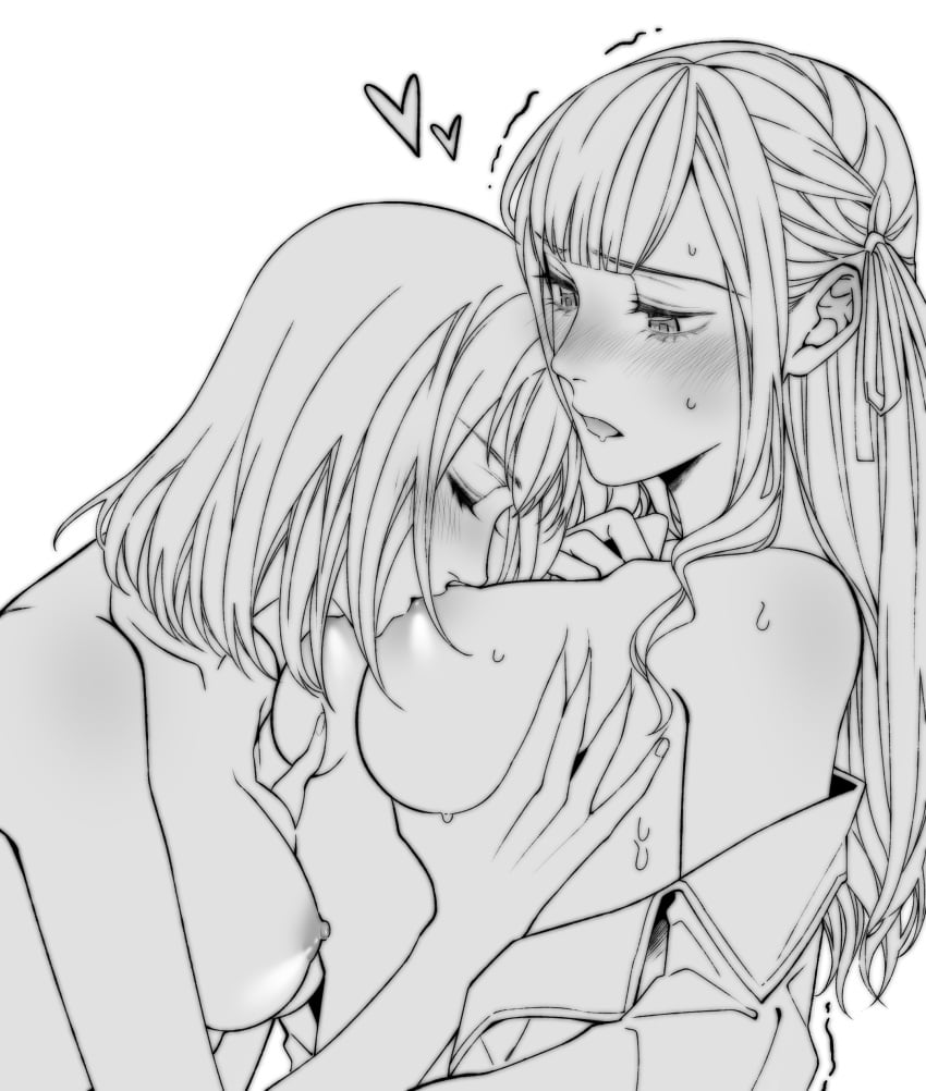 2girls bang_dream! female female_only heart heart_symbol kissing kissing_breasts kissing_nipples mostly_nude multiple_girls naked saber_530 sweat sweating uncolored yuri