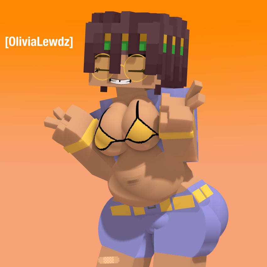 applchu belt bra chubby dark-skinned_female dreadlocks gap_teeth glasses jacket jean_shorts jorts minecraft olivialewdz orange_background yellow_belt yellow_bra yellow_bracelet