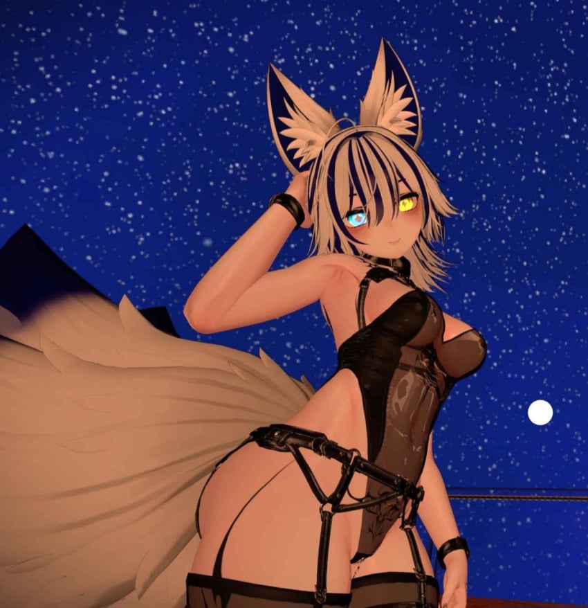 1girls 3d alone animal_ears aria_afterdark athletic athletic_female bangs big_tail black_thigh_highs black_thighhighs blue_eyes blush blushing_profusely bracelet breasts female fingers fit_female fluffy_tail fox_ears fox_girl garter garter_belt garter_belt_leggings garter_straps garters hand_behind_head head_tilt heterochromia huge_tail humanoid image kitsune legs light light-skinned_female light_skin lingerie lingerie_only long_hair looking_at_viewer mature_female mature_woman messy messy_hair moon night night_sky outdoors outside pale-skinned_female pale_skin picture pose posing posing_for_picture posing_for_the_viewer shiny_skin showing_breasts showing_off side_view skimpy skimpy_outfit smile smiling smiling_at_viewer solo solo_female solo_focus standing stars stockings tattoo tattoos thigh_highs thighhighs two_tone_hair virtual_youtuber vrchat vrchat_avatar vrchat_media vrchat_model white_hair white_sclera yellow_eyes