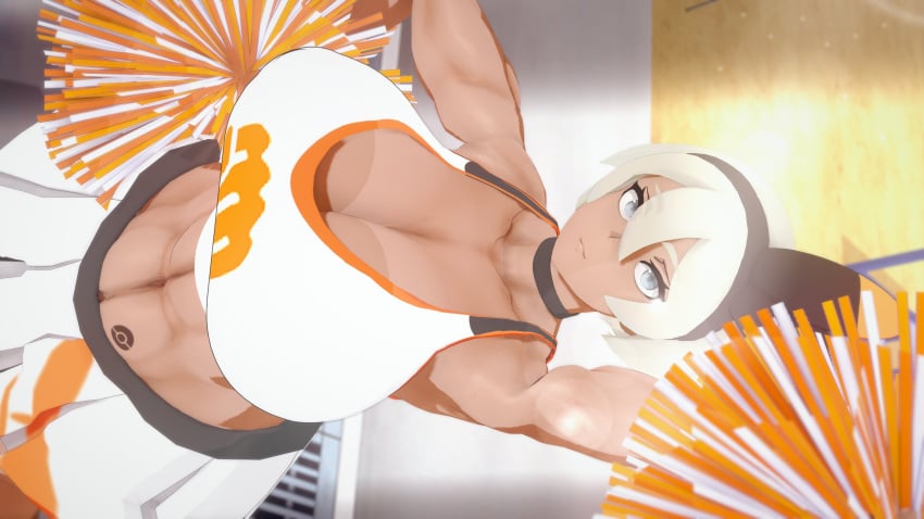 1girls 3d bea_(pokemon) cheerleader dark_skin huge_breasts large_breasts looking_at_viewer pokemon silver_eyes silver_hair sweat thick_thighs valiance