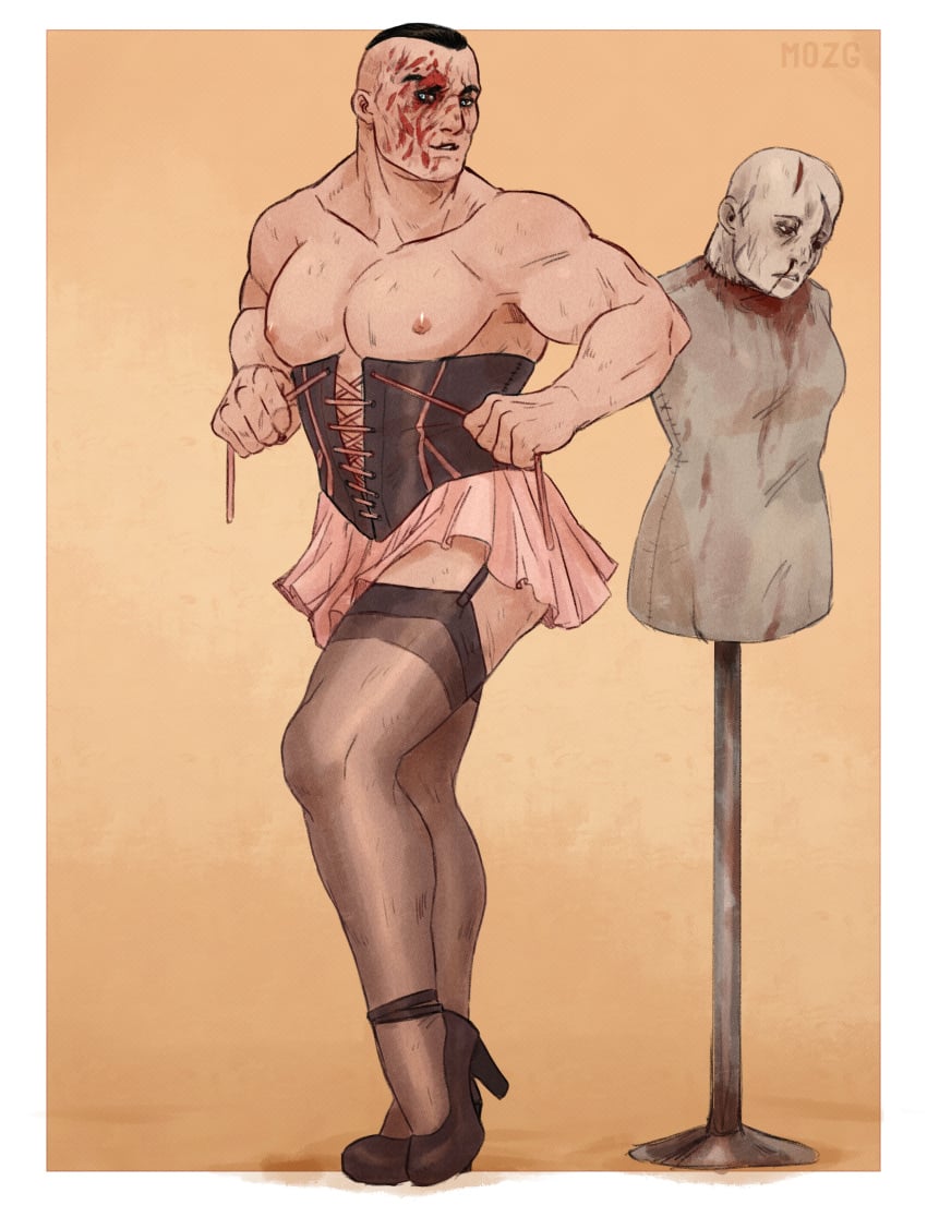 bara bara_tiddies bara_tits barazoku corset crossdressing crossdressing_male eddie_gluskin garter garter_straps high_heels human human_only male_focus male_only manly_crossdresser mozgistired muscular muscular_male no_visible_genitalia outlast outlast_whistleblower pinup posing posing_for_the_viewer scar_on_face skirt solo_male stockings