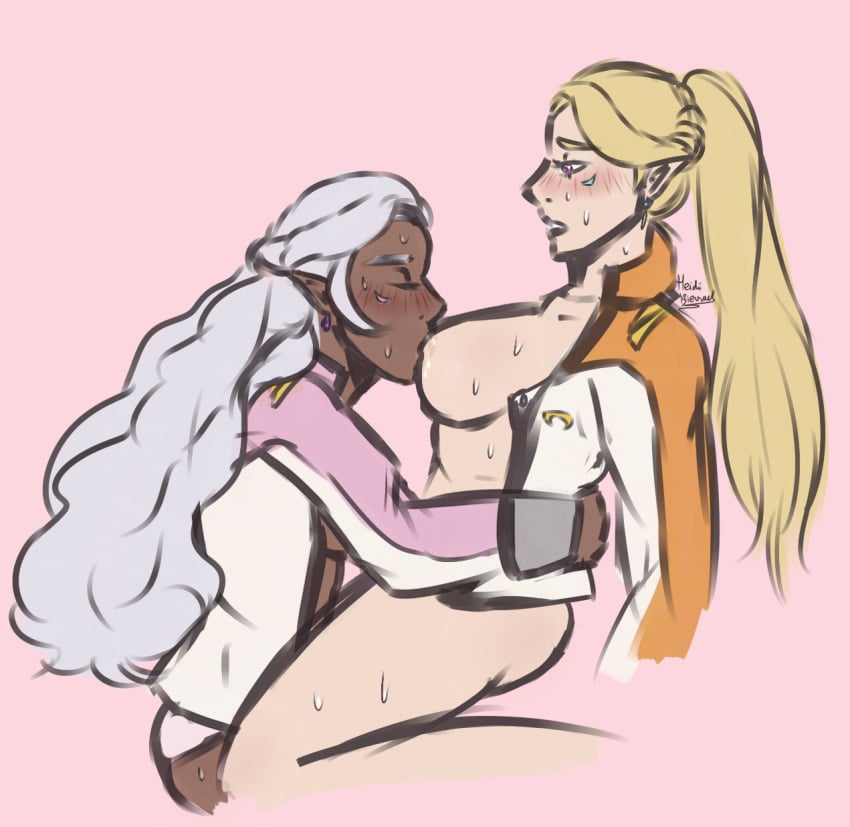 altean blush breasts dark-skinned_female dark_skin female_only heidibiersack jewelry nipples partially_clothed pointy_ears princess_allura romelle sucking_nipples sweat voltron voltron:_legendary_defender white_hair yuri yuri