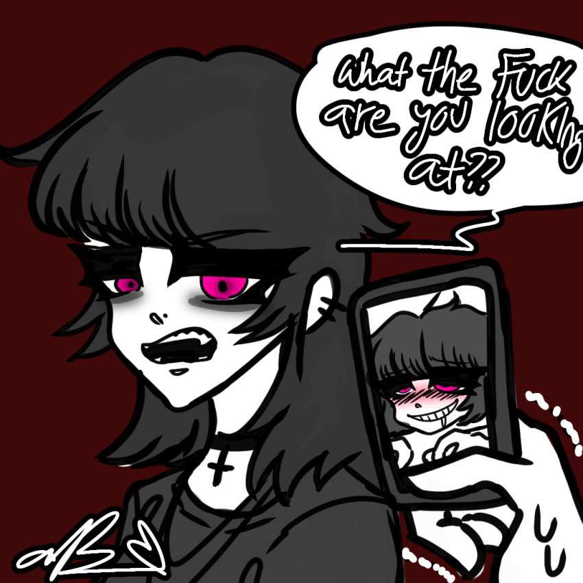 artist_self-insert artist_signature blush cute_deth cute_deth(artist) cute_deth(character) emo_girl phone phone_screen pink_eyes pissed self_insert