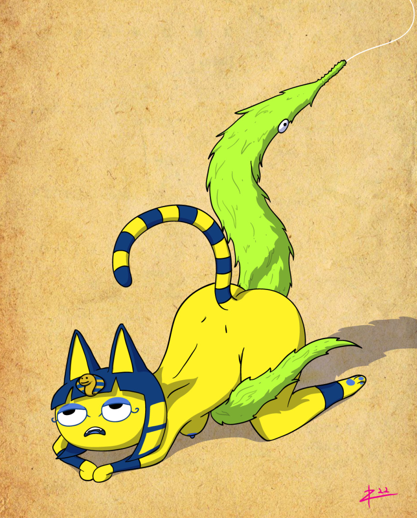 2022 animal_crossing ankha ankha_(animal_crossing) anthro anthro_on_feral blue_hair digital_drawing_(artwork) digital_media_(artwork) doggy_style domestic_cat felid feline felis female female_on_feral feral from_behind_position fur green_body green_fur hair hi_res male male/female mammal markings nintendo nude sex signature simple_background squirmle striped_markings striped_tail stripes tail_markings textured_background video_games yellow_body yellow_fur zigmenthotep zoophilia