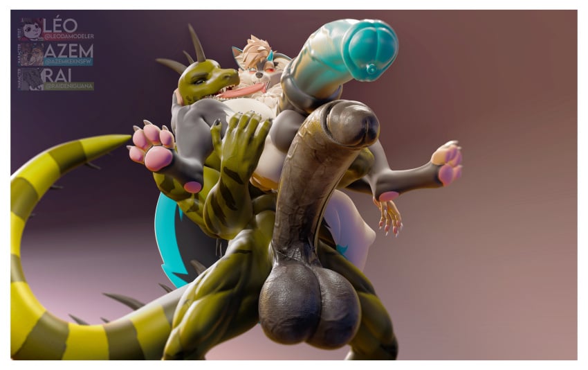 3d_(artwork) absurd_res anthro athletic athletic_anthro azem_(azemkek) balls barazoku big_balls big_penis big_tail blue_penis canid canine darkened_genitalia digital_media_(artwork) dragon draksune duo fox french_kissing genitals hi_res horn huge_balls huge_cock hybrid hyper hyper_balls hyper_genitalia hyper_penis iguana iguanid kissing leodamodeler lizard low-angle_view male male/male mammal medial_ring muscular muscular_anthro muscular_male mythological_creature mythological_scalie mythology pawpads paws penis raiden_(raidens_claws) raised_paw reptile scalie sex spikes spikes_(anatomy) stand_and_carry_position standing standing_sex tail tongue tongue_in_mouth tongue_out valorlynz