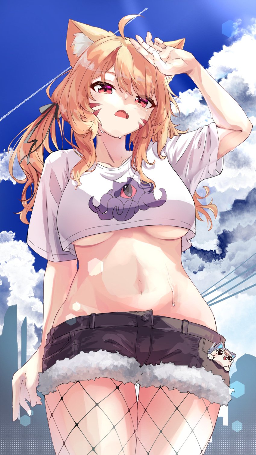 1girl ahoge animal_ears arm_up bangs black_shorts blonde_hair blue_sky breasts cat_ears cat_tail catgirl chain-link_fence cloud collarbone crop_top day face_markings female fence fishnet_legwear fishnets franek89 large_breasts long_hair looking_at_viewer low_twintails midriff navel no_bra open_mouth outdoors red_eyes ribbon shirt short_shorts short_sleeves shorts sky solo squchan_(vtuber) standing stomach thigh_gap tongue twintails underboob virtual_youtuber vyugen white_shirt