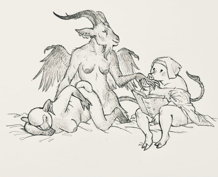 ambiguous_penetration anthro ass_up biped book bovid breasts caprine claws closed_eyes clothed clothed_anthro clothed_female clothing demon domestic_pig ear_piercing ear_ring facial_hair feathered_wings feathers female female/female finger_claws from_behind_position goat goatee group hand_on_shoulder hi_res hooves horn kissing_hand leapfrog_position looking_at_another lying mammal monochrome nude_anthro nude_female on_front penetration piercing ring_piercing robe sex sheep simple_background sitting suid suina sus_(pig) tail traditional_media_(artwork) trio uniboar veil wings