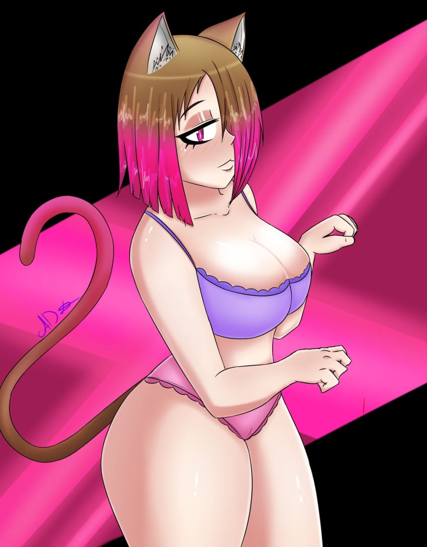 adshtorm bete_noire betty_noire black_background bra brown_hair cat_ears cat_tail glitchtale hair_covering_eye panties pink_background pink_eyes pink_hair pink_panties purple_bra short_hair