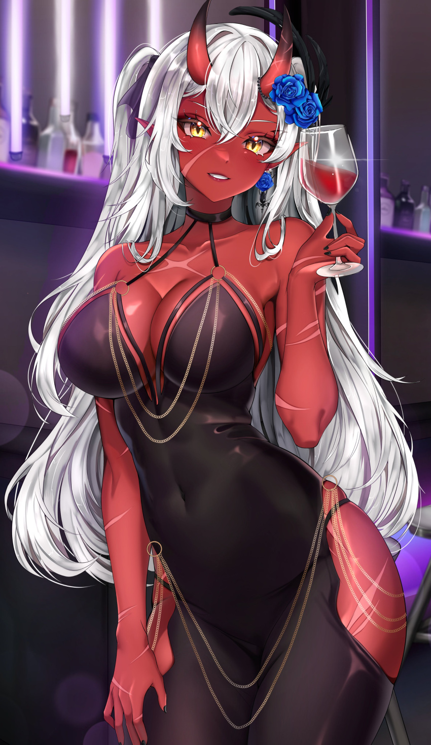 akumi black_dress female horns oni oni_horns pointy_chin red_skin scars virtual_youtuber vyugen white_hair wine yellow_eyes